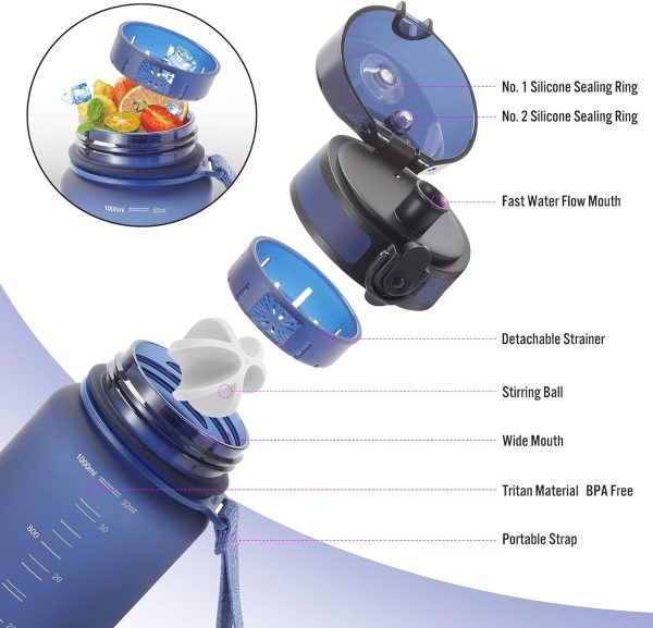 قمقمه PROIRON Water Bottle 0.5L/1L Leak-Proof Drink Bottle BPA Free USA Tritan Material Gym Bottle with Protein Shaker, Flip Top Lid & Removable Strainer for Fitness Cycling, Gym Camping Outdoor Sports - تصویر 5