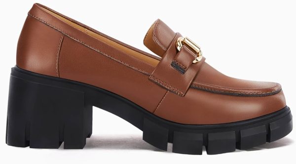 کفش Coutgo Womens Chunky Platform Lug Sole Loafers Mid Heel Square Toe Dress Walking Work Shoes with Buckle Chain - تصویر 7