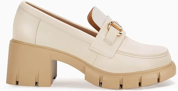 کفش Coutgo Womens Chunky Platform Lug Sole Loafers Mid Heel Square Toe Dress Walking Work Shoes with Buckle Chain - تصویر 9