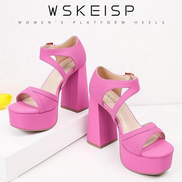 کفش WSKEISP Platform Chunky Heels for Women Trendy Square Toe Heeled Sandals Black White Pink Silver Gold High Heels Ankle Strap Party Wedding Dress Pumps - تصویر 6
