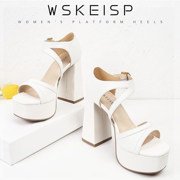 کفش WSKEISP Platform Chunky Heels for Women Trendy Square Toe Heeled Sandals Black White Pink Silver Gold High Heels Ankle Strap Party Wedding Dress Pumps - تصویر 6