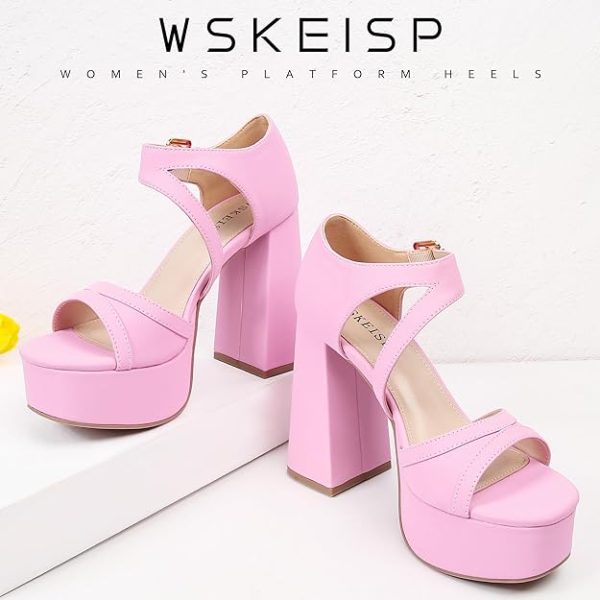 کفش WSKEISP Platform Chunky Heels for Women Trendy Square Toe Heeled Sandals Black White Pink Silver Gold High Heels Ankle Strap Party Wedding Dress Pumps - تصویر 6