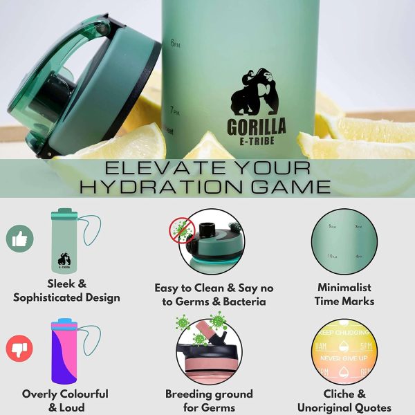 قمقمه Sports Water Bottle 1l with Time Marker by Gorilla E-Tribe - Motivational Water Bottle BPA Free & Leak Proof - Infuser Strainer - Day Water Bottle for Gym, School. Office, Outdoors - Elegant Green - تصویر 6