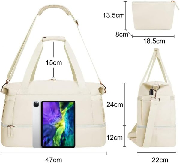کیف ورزشی Gym Bag for Women, Sports Travel Duffel Bag with USB Charging Port, Weekender Overnight Bag with Wet Pocket and Shoes Compartment for Women Girls Travel, Gym, Yoga, School (Beige) - تصویر 7