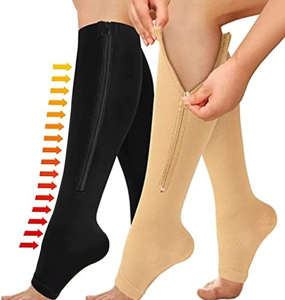 جورابVUCATIN Compression Socks for Women & Men with Zipper, 2 Pairs Medical Open Toe Calf Knee High Compression Stocking for Walking,Running Circulation Support