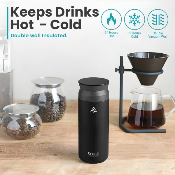 قمقمه TRENZI 500ml Tritan Insulated Hot and Cold Water Bottle - BPA-Free, Leak-Proof, Spill-Proof Sports Bottle with Straw & Spout Lid - Wide Mouth, Carry Strap, Adults, Gym, Coffee Mug Alternative (Black) - تصویر 9