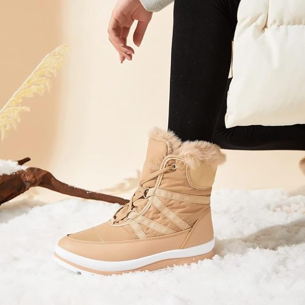 بوتWomens Warm Fur Lined Mid-Calf Boots Waterproof Winter Snow Boots Non-slip Lace up Combat Boots - تصویر 5