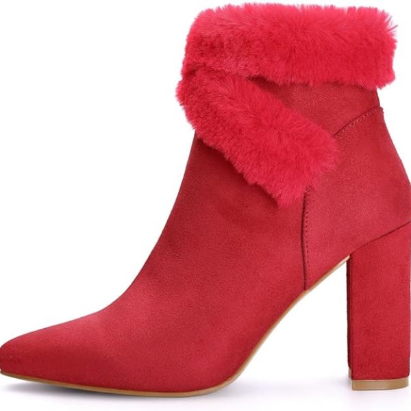 بوتAllegra K Women's Faux Fur Pointed Toe Chunky Heel Ankle Boots