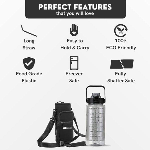 قمقمه ReMaz Water Bottle 2L with Storage Sleeve and Covered Straw Lid – BPA Free 2 Liter Large Reusable Drinking Water Bottle with Handle - Ideal for Sports, Gym and Outdoors (Water Bottle 2L, Black) - تصویر 6