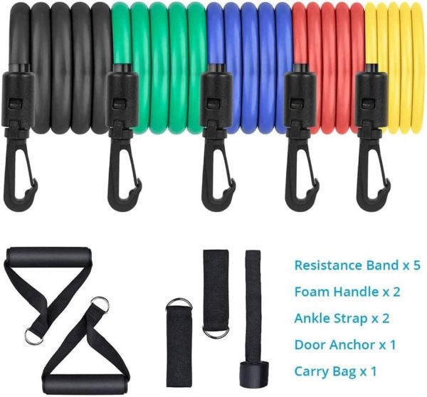 کش ورزشی SKY-TOUCH Portable Exercise 11Pcs Resistance Band Set Stackable Up to 150 Lbs (5 Stackable Exercise Bands with Door Anchor, Ankle Straps Carrying Case) Exercise Stretch Fitness Home Set - تصویر 9