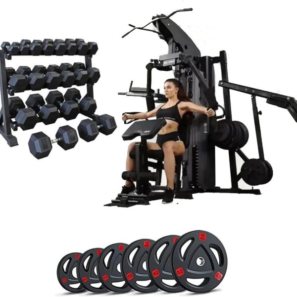 وسایل باشگاه خانگی  Miracle Fitness Home Gym Equipment Set/ Special Deal with 1 Year Warranty/ 3 Station Multi Functional Gym, Adjustable Bench, Hex Dumbbell Set