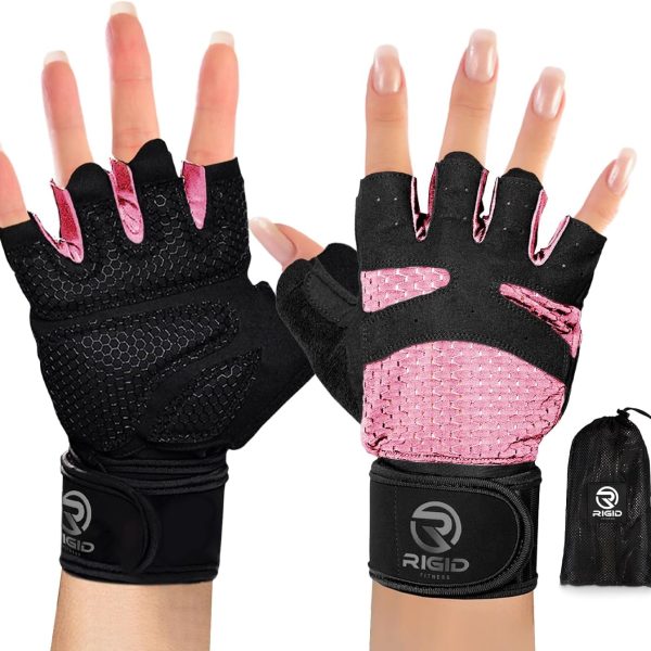 دست کش ورزشی RIGID FITNESS Women Workout Gloves with Wrist Support - Breathable & Full-Palm Protection - Fingerless Gym Gloves, Training Women Gloves, Sport Women Gloves Suitable for Bike Rides (Standard M Size)