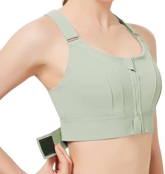 نیم تنه ورزشی GLAMROOT Women's Padded Front Zip Plus Size Full Coverage High Support Velcro Adjustable Sports Bra for Workout Gym, Size M to 3XL