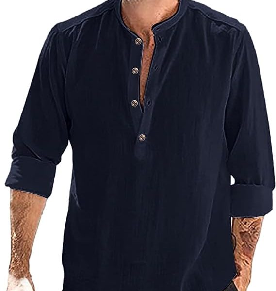 پیراهن مردانهMen Long Sleeve Shirts Linen, Stand Collar Shirt Loose Button Down Henley Tops
