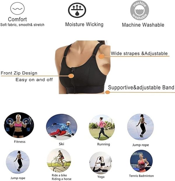 نیم تنه ورزشی Sports bras for women Wristband adjustable Strap Padded Max Support Front Zipper Adjustable Belt Tank Top Vest Underwear Workout Gym Yoga Bra Running Jogging Boxing Sweat Proof - تصویر 5