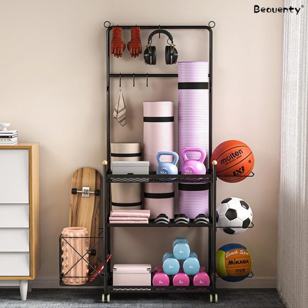 وسایل باشگاه خانگی  Beauenty Home Gym Equipment Storage Organizer, Yoga Mat Dumbbell Kettlebells Rack, Sporting Goods Storage Rack, Home Gym Workout Equipment Cart for Basketball, Volleyball, Scooter - تصویر 6