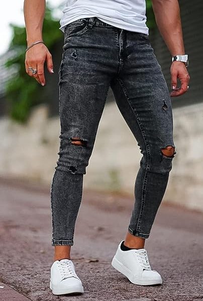 شلوار جین مردانهMen's Ripped Jeans Slim Fit Skinny Stretch Jeans Pants Casual