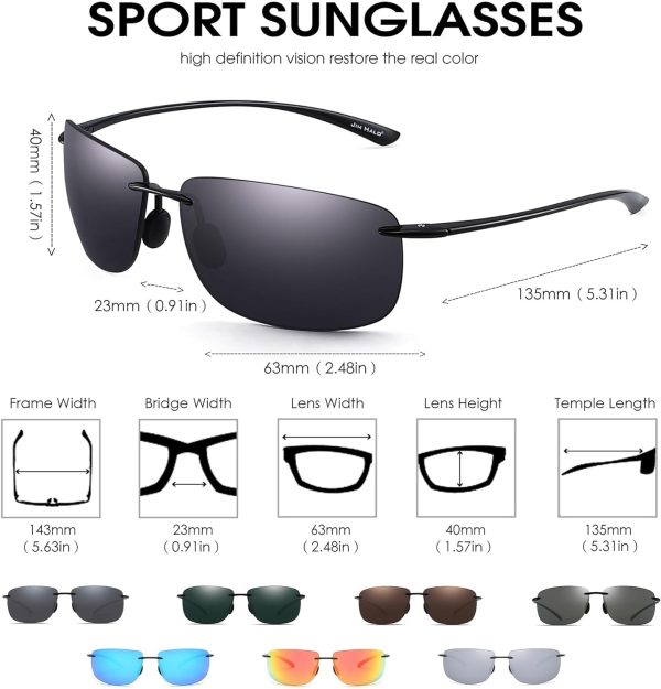 عینک آفتابی ورزشی JIM HALO Sport Sunglasses for Men Women TR90 Rimless Frame for Running Fishing Cycling Driving, Polarized Grey, One size - تصویر 8