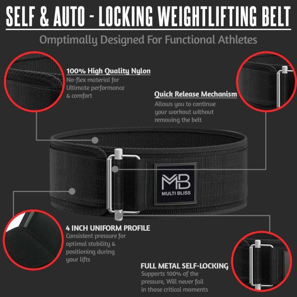 کمربند ورزشی MULTI BLISS® Weight Lifting Belt, Auto Locking Gym Belt for Olympic Training, Cross Training for Men & Women | 4" Nylon Workout Adjustable Buckle for Support & Stability - تصویر 9