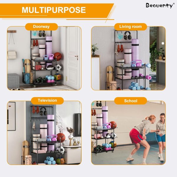 وسایل باشگاه خانگی  Beauenty Home Gym Equipment Storage Organizer, Yoga Mat Dumbbell Kettlebells Rack, Sporting Goods Storage Rack, Home Gym Workout Equipment Cart for Basketball, Volleyball, Scooter - تصویر 8