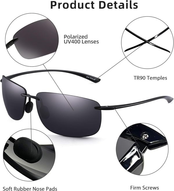 عینک آفتابی ورزشی JIM HALO Sport Sunglasses for Men Women TR90 Rimless Frame for Running Fishing Cycling Driving, Polarized Grey, One size - تصویر 7