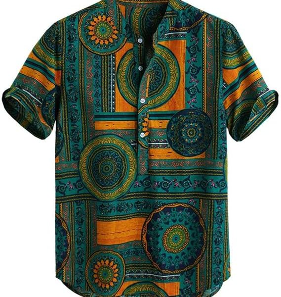 تی شرتStarryflashing_men t-shirt Men's Short Sleeve Cotton Linen Printed Casual Henley Tunic Tops, Green - XXL