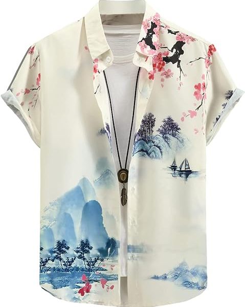 پیراهن مردانهGORGLITTER Men's Graphic Print Button Down Collar Neck Short Sleeve Shirt Top